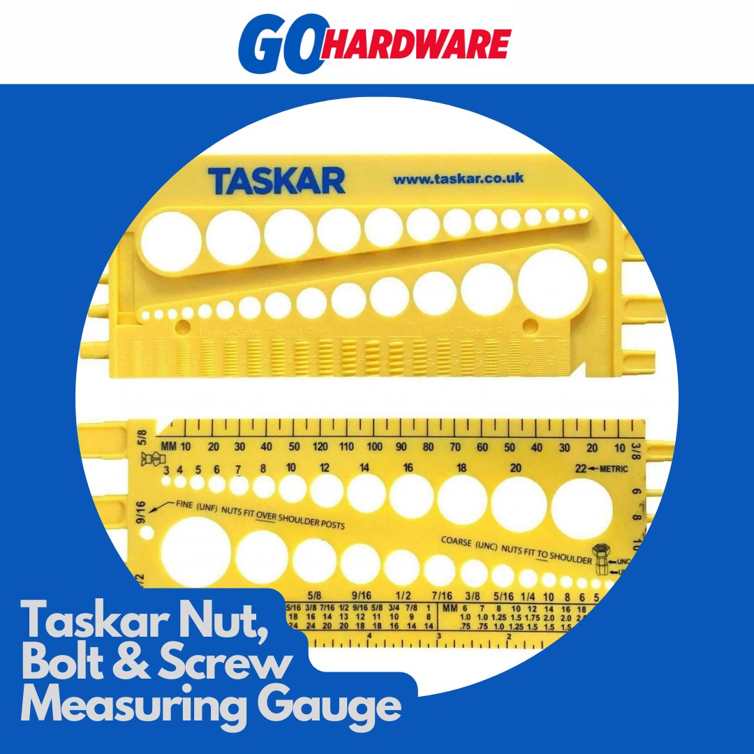The Taskar Nut, Bolt & Screw Measuring Gauge will help you determine the correct metric and imperial measurements of your nuts, bolts, screws, drill bits & washers, making a useful addition to any tool kit! 

#Taskar #MeasuringGauge #NutsAndBolts #DIY #Tools #DIYEssentials