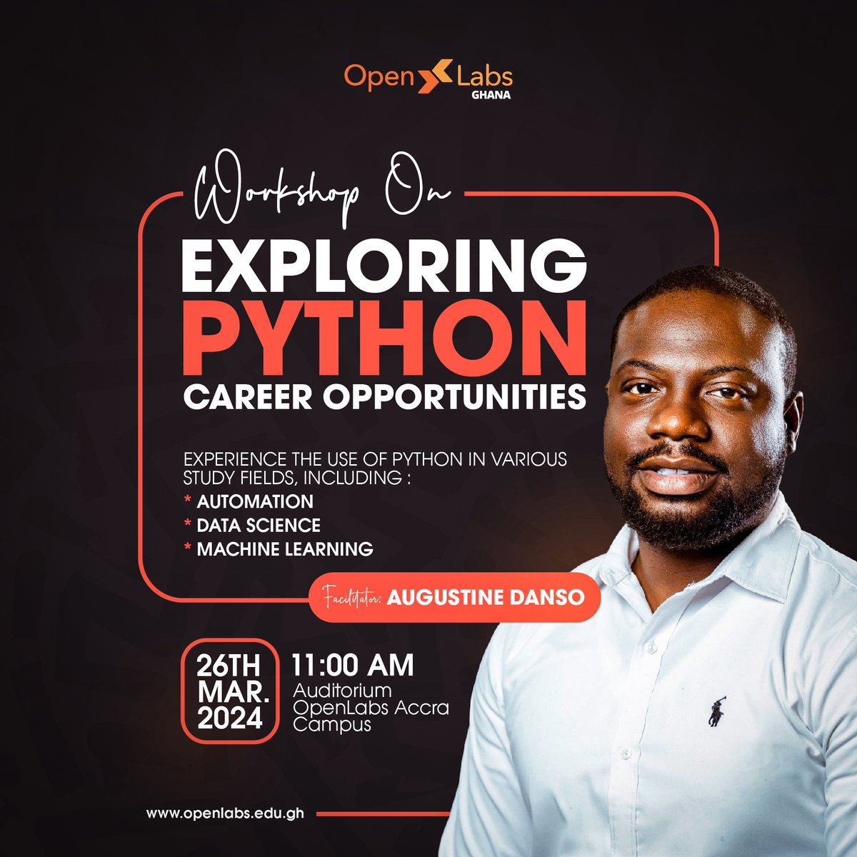 Calling all Python enthusiasts and aspiring developers! 

Join us this Tuesday at Openlabs Ghana Accra Campus Auditorium for an insightful session on "Exploring Python Career Opportunities" by Augustine Danso.

See you there! 
#Python #CareerOpportunities #TechEvent #Openlabs