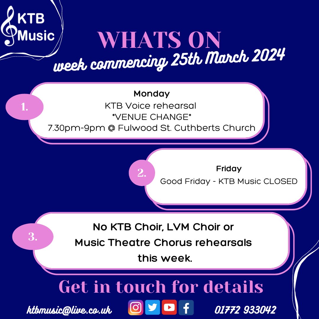 A quieter week this week. Important: Change of venue for the voice tonight. No other choir rehearsal or youth class this week. 1 to 1 tuition running as normal apart from Good Friday as we will be closed for the Bank Holiday. Have a great week!