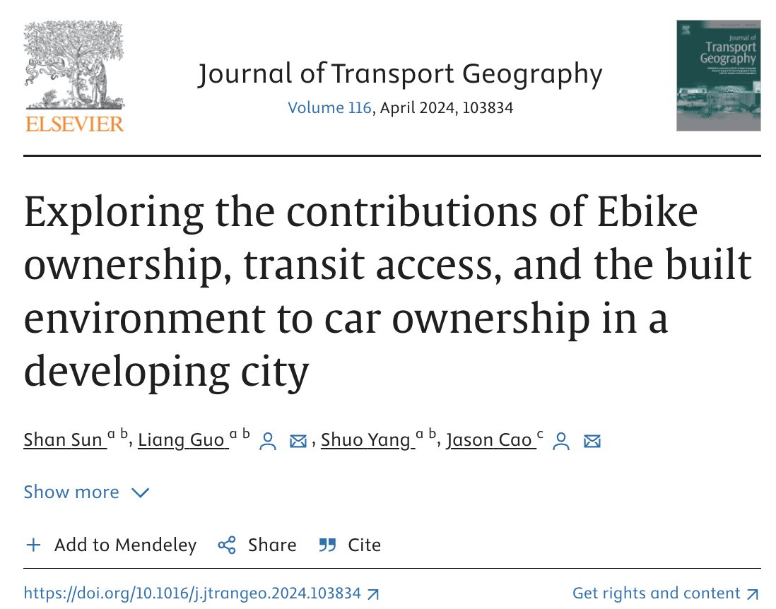 New study concludes that e-bikes can help cities in the developing world escape the automobile's stranglehold:

"The ownership of e-bikes emerges as an important mitigator of car ownership."

doi.org/10.1016/j.jtra…