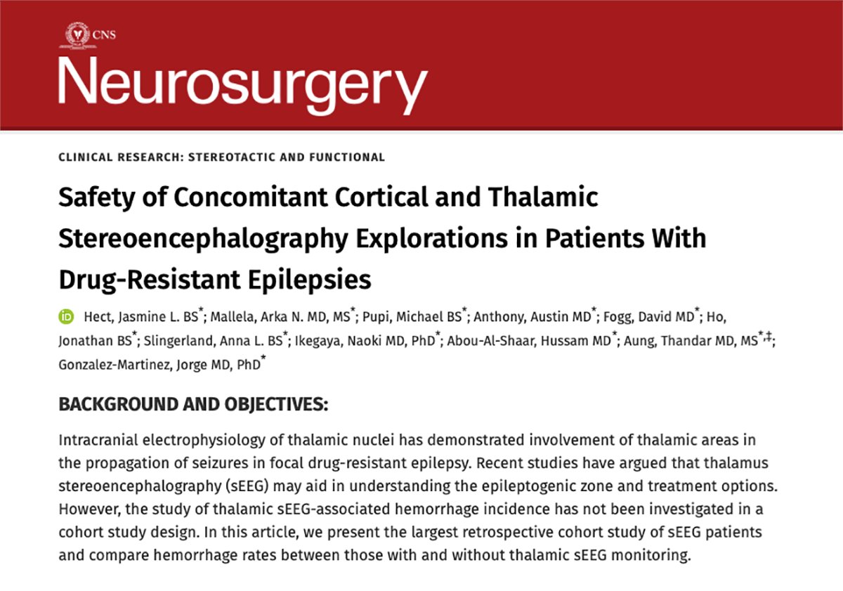 Stereoencephalography of the thalamus is a safe and valuable tool that can be used to interrogate the efficacy of thalamic neuromodulation for drug-resistant epilepsy. journals.lww.com/neurosurgery/a… @JasmineHect @amallelaMD @haboualshaar @UPMCPhysicianEd