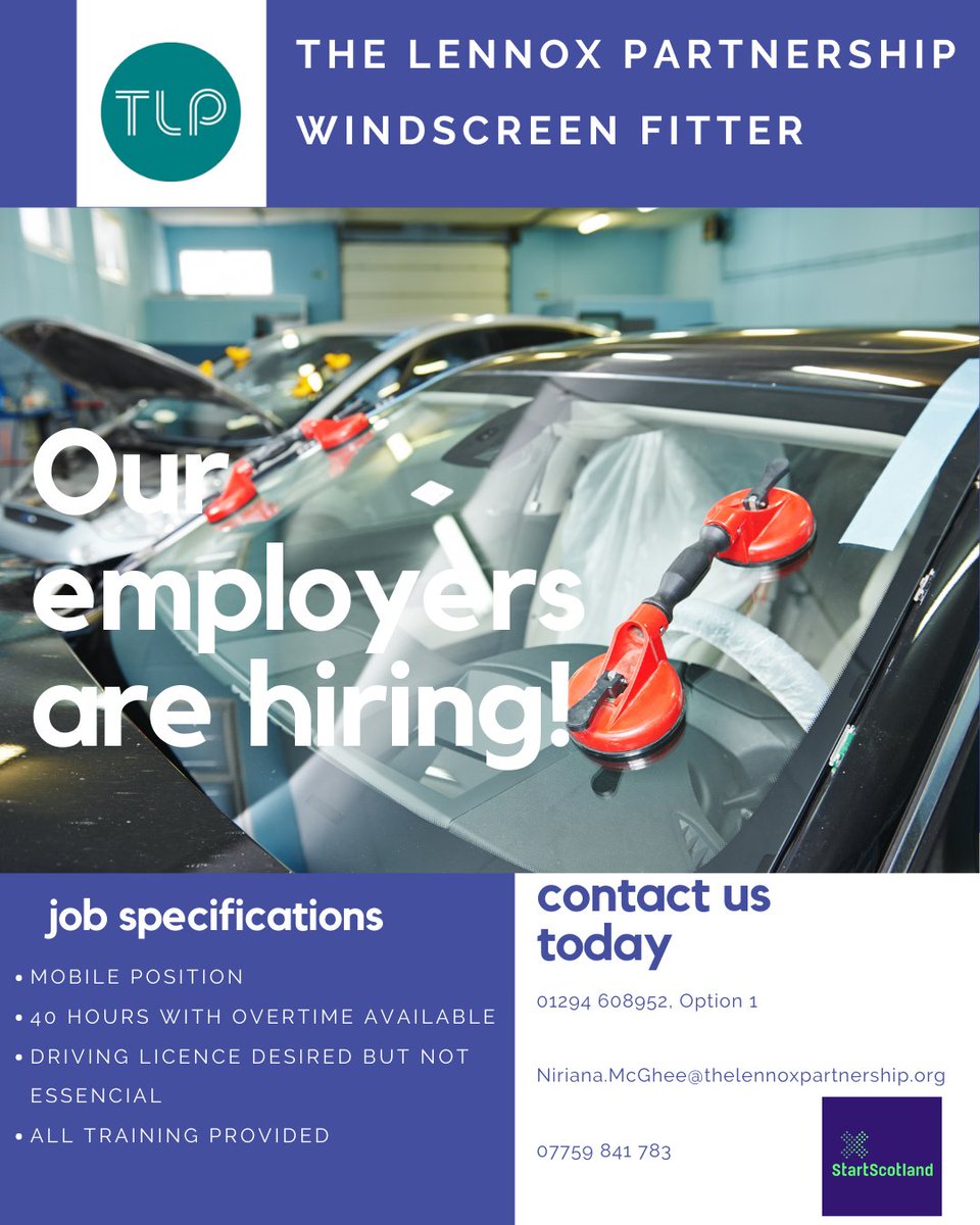 TLPAyrshire's tweet photo. Positions available for this windscreen fitter vacancy. Please contact us to learn more.
01294 608952, Option 1 
Niriana.McGhee@thelennoxpartnership.org 
07759 841 783
#tlpayrshire #fairstartscotland #northayrshire #jobs #thelennoxpartnership #JobsInUK #employment #windowfitter https://t.co/8TrtghzHkl