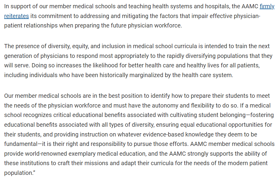 A Press Release from the AAMC (Association of American Medical Colleges) on medical school curricula affirms DEI's inclusion. Below is a part of the statement; go to @AAMCtoday for the complete statement. #DEI #MedicalSchool