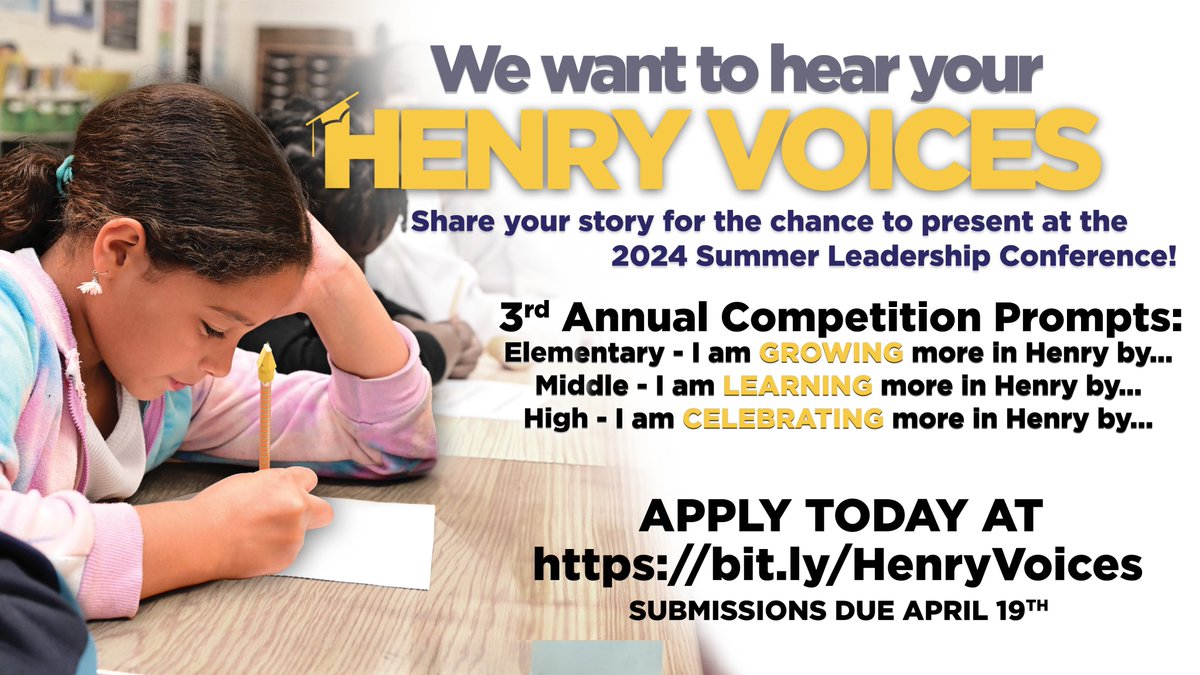 Calling all students to share their stories about how they experience 'More Learning,' 'More Growing,' and 'More Celebrating' in HCS. Registration for the third annual Henry Voices competition is now open! Submit an application at bit.ly/HenryVoices. #WinningforKids…
