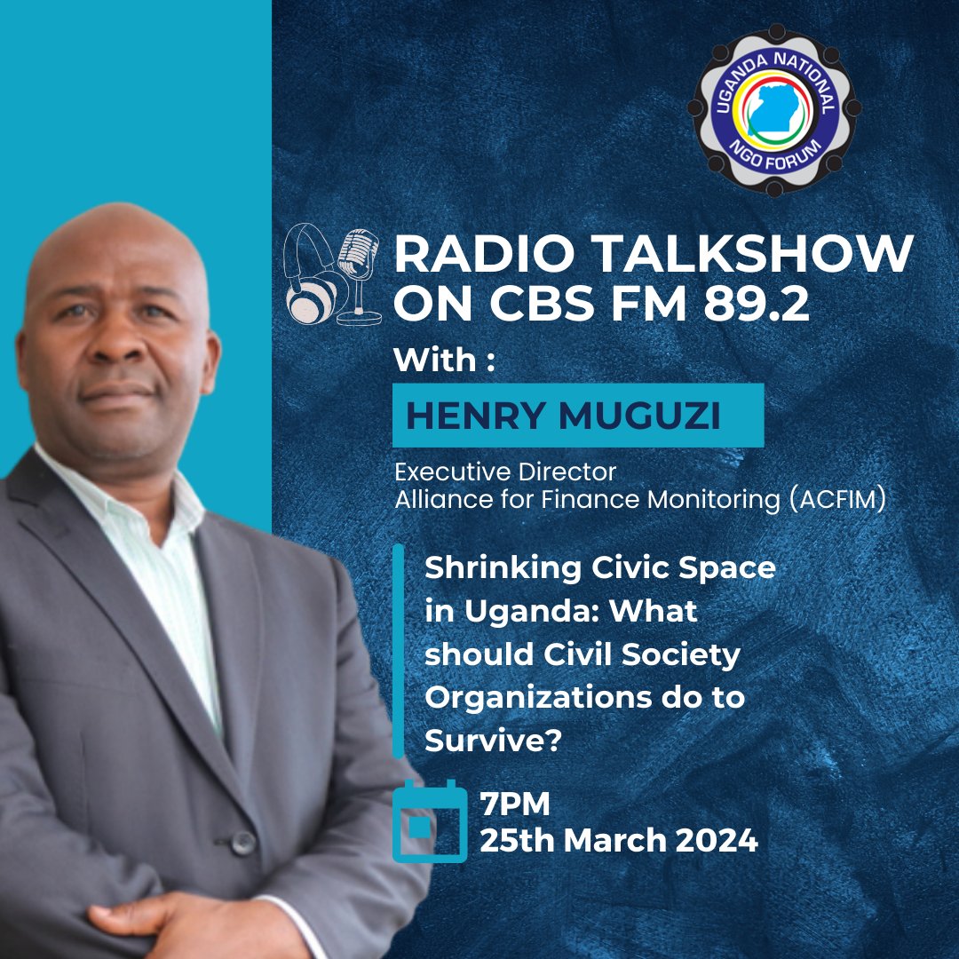 Mr. @HenryMuguzi, the Executive Director of @AcfimAfrica will be hosted on @cbsfm_ug to talk about the shrinking civic space in Uganda. 🗓️25 March| 7:00 PM EAT. 🎙️Be sure to tune in and share your insights. #CivicSpaceUG
