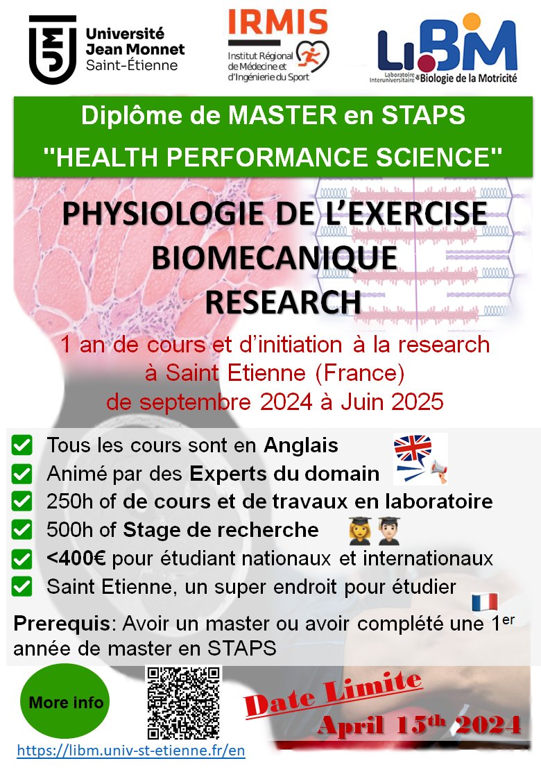 #master #STAPS #recherche <a href="/Univ_St_Etienne/">Université Jean Monnet Saint-Étienne</a>
#physiologie #activitéphysique #biomécanique
In English 🇬🇧Candidater jusqu’au 15/04
👉bit.ly/3ImLQoo <a href="/CampusFrance/">Campus France</a> <a href="/univ_spn/">Université Sorbonne Paris Nord</a> <a href="/AESTAPSNantes/">AE STAPS Nantes</a> <a href="/ufrstaps_dijon/">UFR STAPS Dijon - Le Creusot</a> <a href="/BDEUFRAPS/">BDE UFRAPS</a> 
<a href="/bde_stapsamiens/">ADESA</a> <a href="/StapsBde/">BDE STAPS Heritage</a> @ABEEPStaps