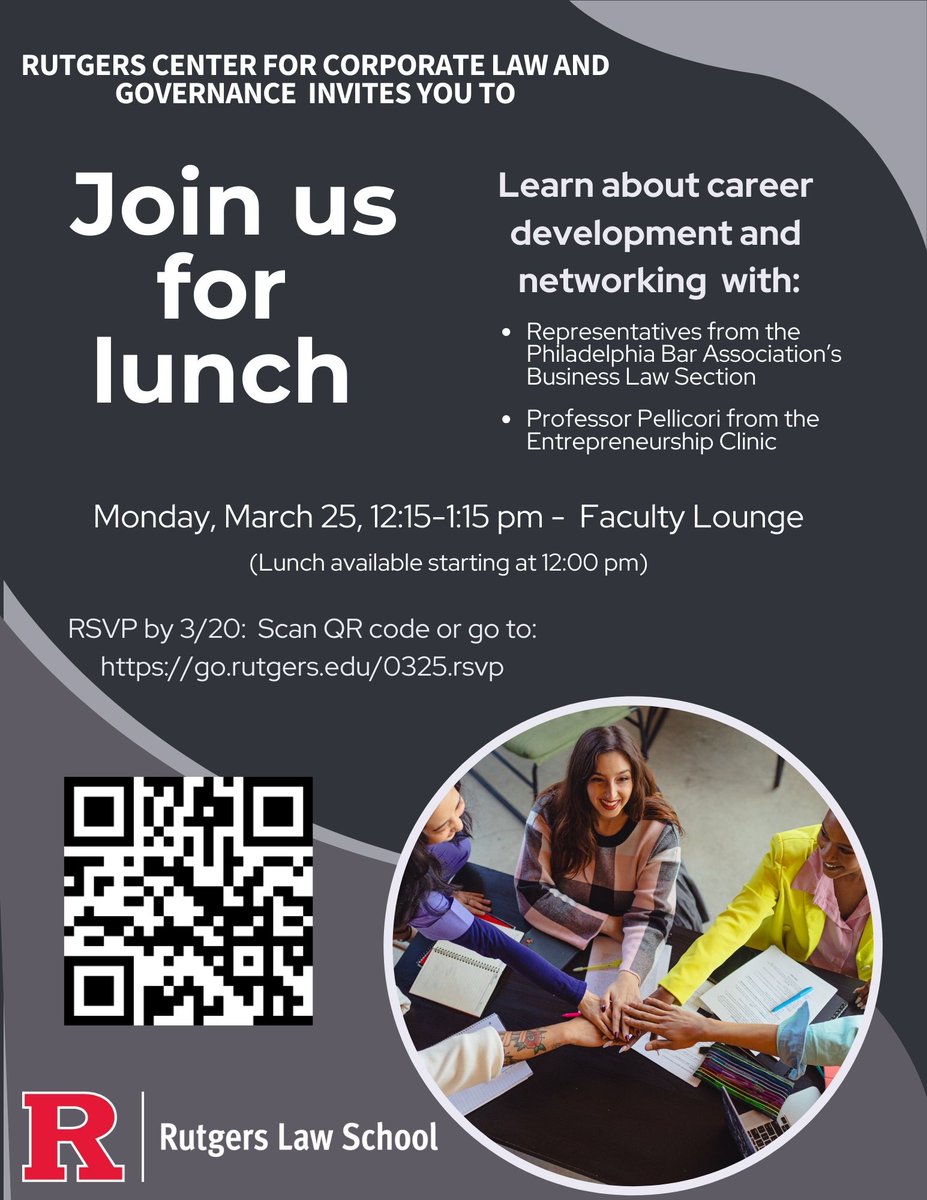Today at <a href="/RutgersLaw/">Rutgers Law ⚖️</a> in Camden, learn about career development and network with representatives from the Philadelphia Bar Association's Business Law Section and Professor Pellicori from the Entrepreneurship Clinic.