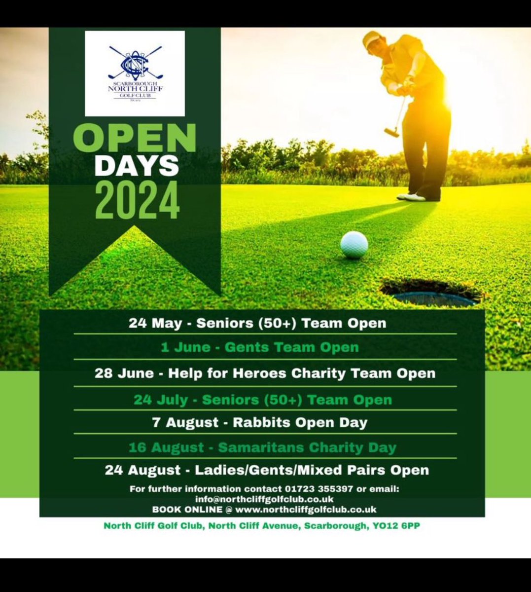 ScarboroughNCGC's tweet photo. Want to play in one of our open days for free this year? 

Of course you do! 

For your chance to win free entry for you and your friends to one of the open days of your choice simply 

✅ like our post
✅ share our post
✅ follow our page
✅ tag your playing partners

1/2 https://t.co/1lxSqjwKqx