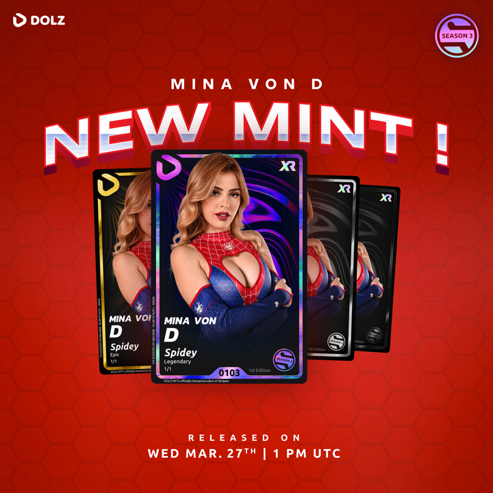 🟣 SEASON 3 | XR Card #4 Wed. March 27th, 1 pm UTC 🔗 dolz.io/seasons Cosplay cutie alert!! This Wednesday, grab the amazing @minivampnew’s XR card! With great power comes great responsibility… So be sure to mark the date and be ready for this Spidey-friendly #NFT…
