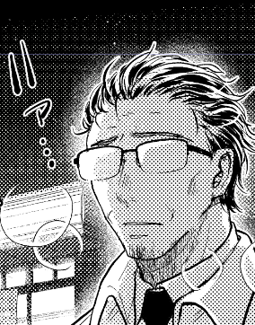 やっぱりメガネオールバックのときのおじさんは、描いててホッとする('ω`)今夜は二枚目の清書に入るよ。 