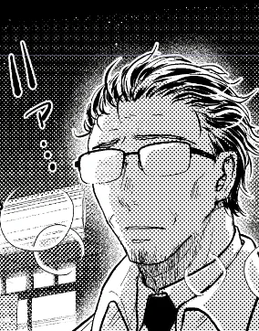 やっぱりメガネオールバックのときのおじさんは、描いててホッとする('ω`)今夜は二枚目の清書に入るよ。 