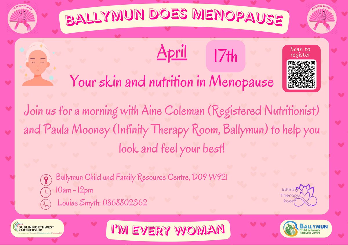Ballymun Does Menopause will be back in two weeks, April 17th, with 'Your Skin and Nutrition in Menopause' If you're interested or would like more information, call 01 8527183 or email reception1@ballymunfrc.org #LetsTalkAboutMenopause #familyresourceirl #ballymun @BCFRC1