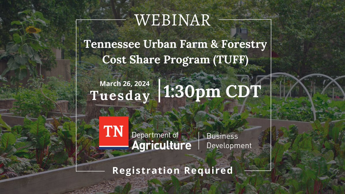 📣📣 COST-SHARE ALERT📣📣 Join us for an information session about round 3 of the Tennessee Urban Farm & Forestry (TUFF) Cost-Share Program TOMORROW March 26 at 1:30 pm CDT. hornellp.zoom.us/webinar/regist…