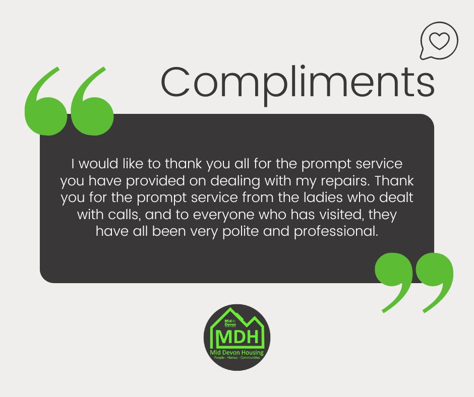 We recently received this lovely compliment!

Thank you for your recent feedback, and if you would like to raise a compliment yourself you can do so through our website, link below;

middevon.gov.uk/your-council/c…