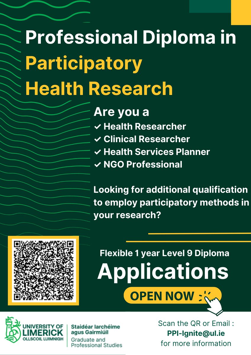 Applications are now open for our Professional Diploma in Participatory Health Research Apply now: ul.ie/gps/courses/pa… #PostGradatUL #StayCurious