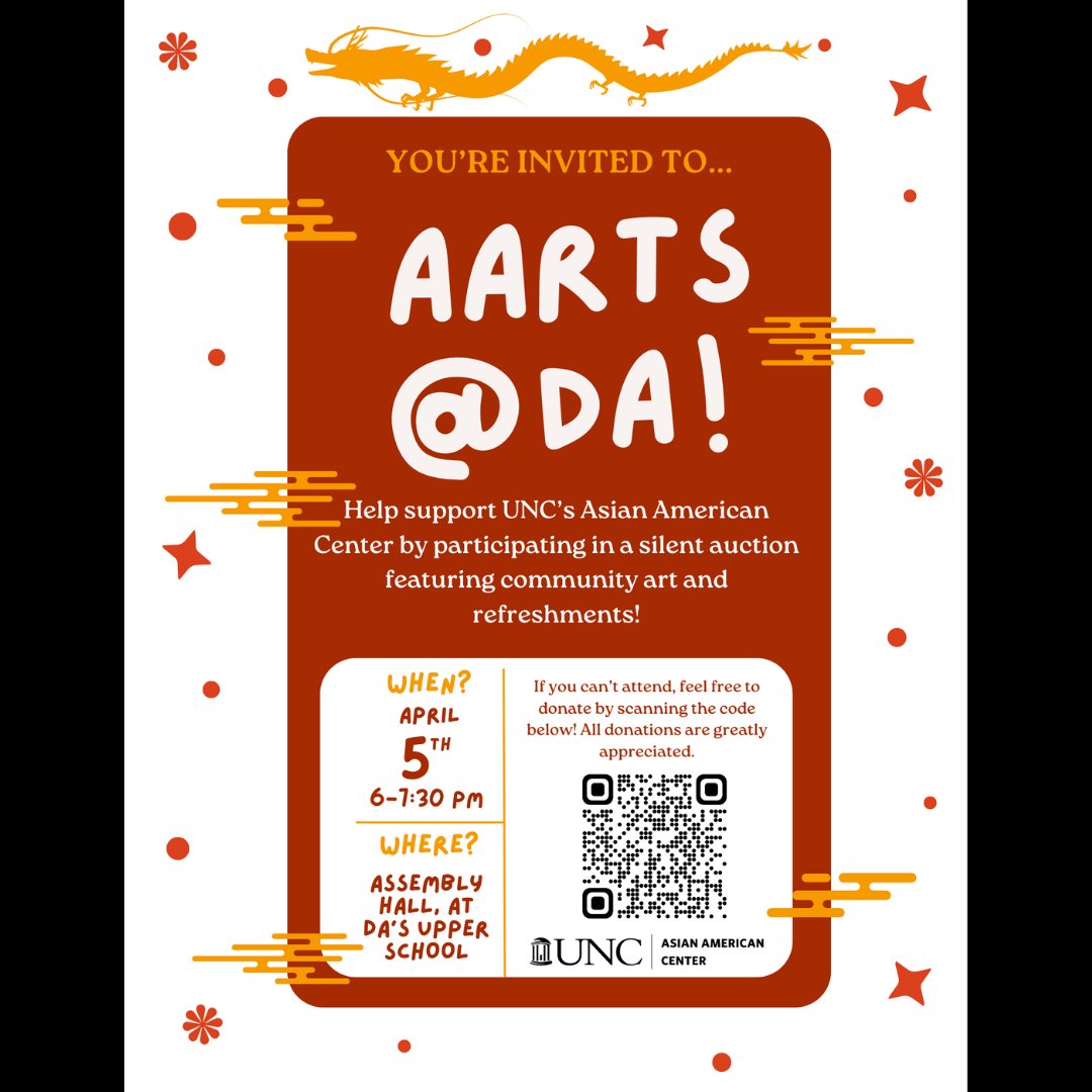 UNC Asian American Center (@unc_aac) on Twitter photo Swipe left for our upcoming events!
* 3/26: Asian Americans in an Anti-Black World
* 3/26: GiveUNC Day
* 4/5: First Friday Films - Shang-Chi & the Legend of the 10 Rings
* 4/5: Silent Auction at <a href="/DurhamAcademy/">Durham Academy</a>
* 4/13: Arts & Research Showcase Swipe left for our upcoming events!
* 3/26: Asian Americans in an Anti-Black World
* 3/26: GiveUNC Day
* 4/5: First Friday Films - Shang-Chi & the Legend of the 10 Rings
* 4/5: Silent Auction at <a href="/DurhamAcademy/">Durham Academy</a>
* 4/13: Arts & Research Showcase