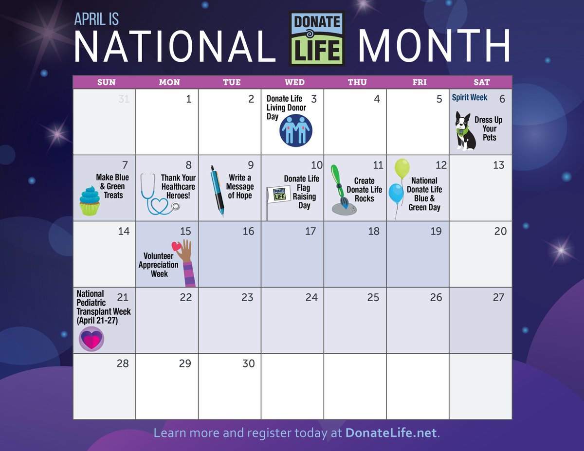 National #DonateLifeMonth starts in April! Here is a calendar with key dates and ways you can join all month 💙💚 Check out donatelife.net/how-you-can-he… for more info &amp; resources! ✨
