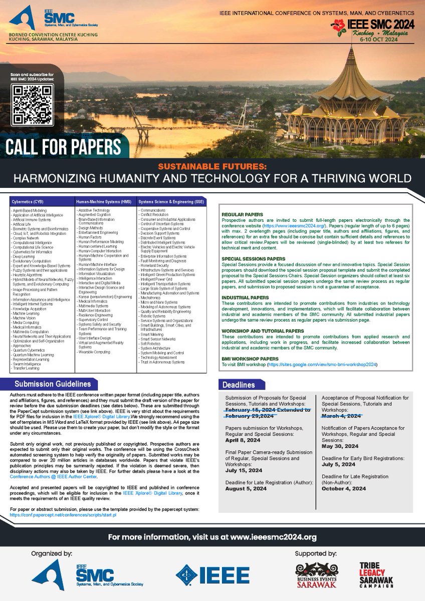 Updated #callforpapers: Calling all researchers in the area of #cybernetics, #humanmachinesystems, #SystemScience, #systemsengineering to participate in the #callforpaper of the upcoming #ieeesmc2024. We are accepting workshops, regular and special sessions papers.