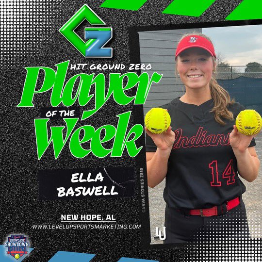 #2024ShowDown
Congratulations to @ellabaswell2027 @hitgroundzero Player of the Week

6-10 
5 homers 
8rbi 
4 games. 
2 walks

On the mound she went 3-0 17ip 12 k's 13 hits 6 walks 7er
1 shutout

Tag @hitgroundzero and @LvlUpSportsX with stats each week