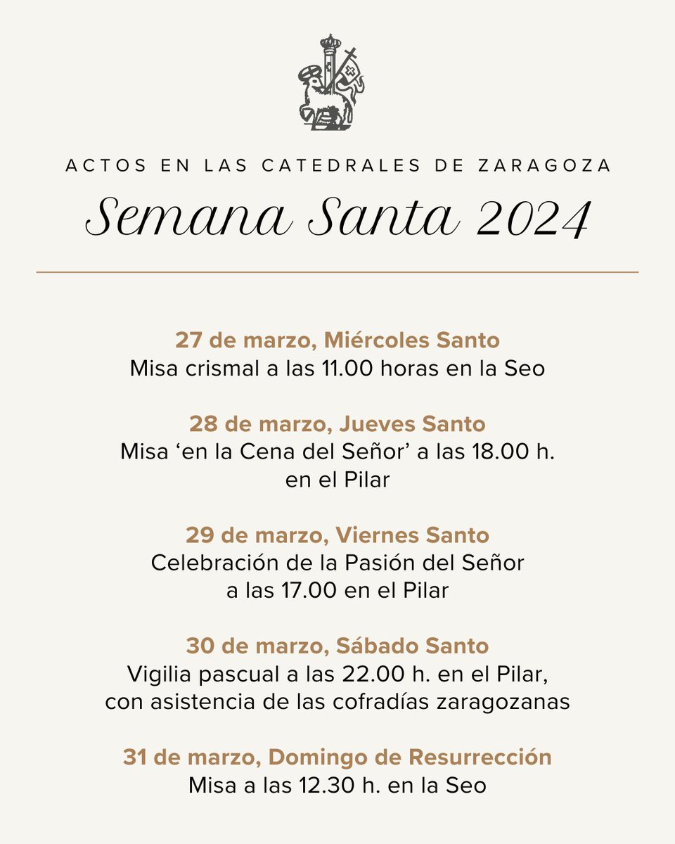 Estos son los actos litúrgicos que se celebran en las catedrales de Zaragoza (El Salvador -la Seo- y Nuestra Señora del Pilar) esta Semana Santa 2024.