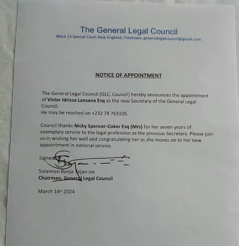 It’s with great honor that I assume a new role in my profession as Secretary of the General Legal Council of Sierra Leone. 
The Council is a statutory body independent of government that is mandated for the admission, enrollment, practice, and discipline of legal practitioners.