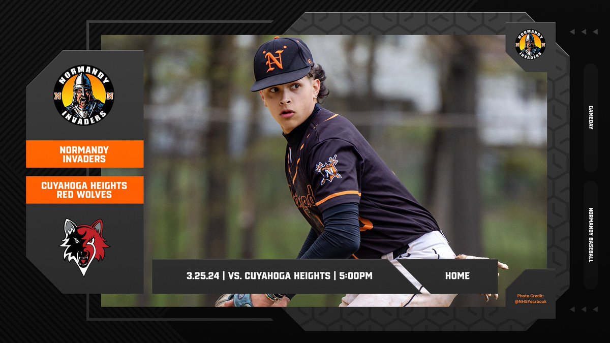 NormandyATH's tweet image. GAMEDAY! Varsity Baseball hosts the Red Wolves of Cuyahoga Heights for a non-conference matchup. First pitch is at 5:00PM at State Rd. Park. JV’s will travel to Heights for a 5:00PM game! #GoInvaders