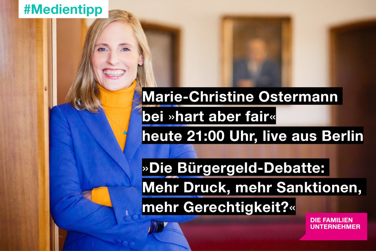Schalten Sie ein! Unsere Präsidentin Marie-Christine Ostermann diskutiert heute bei „hart aber fair“ in der ARD, 21:00 Uhr, live aus Berlin Das Thema: Die #Bürgergeld-Debatte: mehr Druck, mehr Sanktionen, mehr Gerechtigkeit?' #hartaberfair