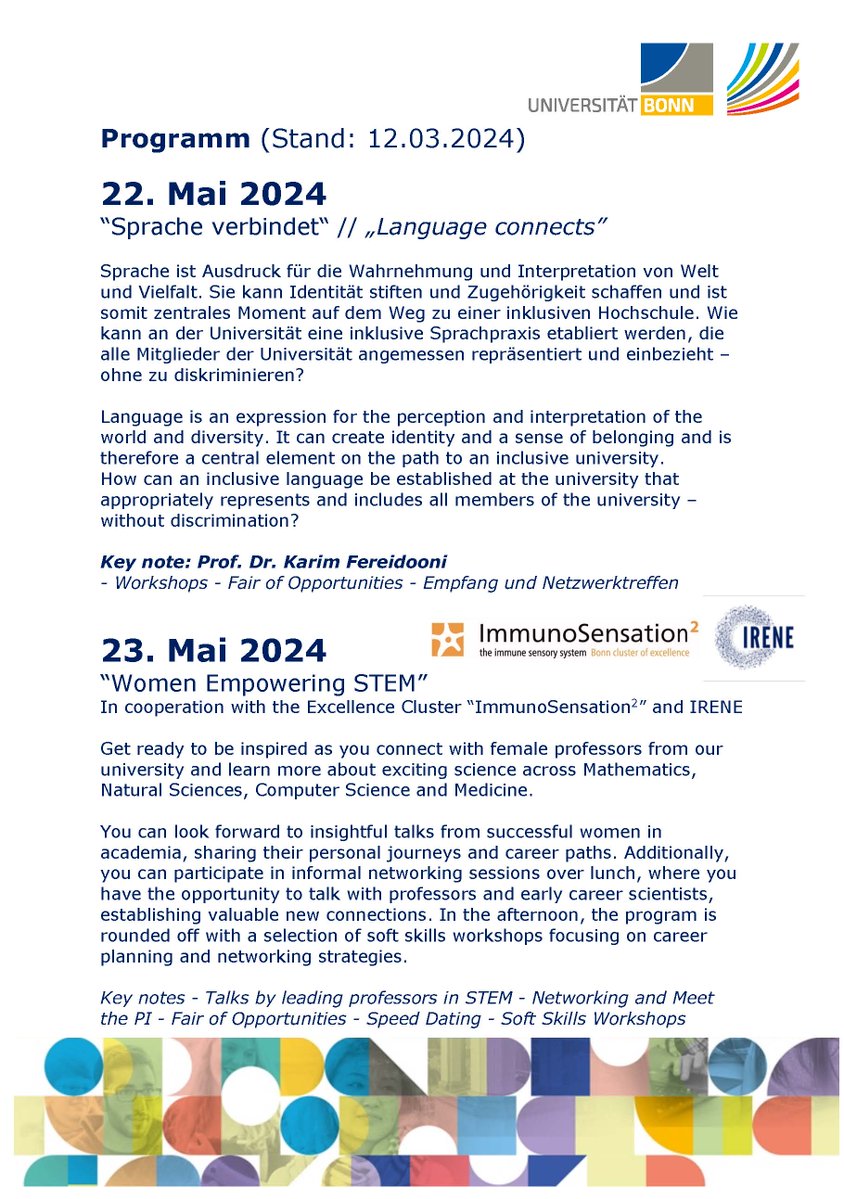 Save the date: Diversity Days 2024!

The university of Bonn celebrates #diversity at May 22th and 23th.

Our cluster together with #IRENE organised the second day of the program titled "Women Empowering STEM". Join for interesting sessions featuring inspiring female scientists.