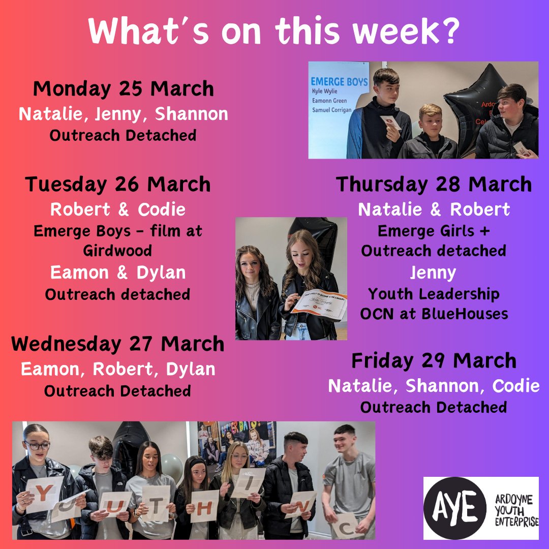 Our youth team's plans for the week. We're bringing Emerge Lads to a film on ASB and risky behaviour at Girdwood Hub, continuing @OCNNI training at BlueHouses, meeting Emerge Girls to plan their next steps and of course lots of #OutreachDetached. #YouthWork #PersonalDevelopment