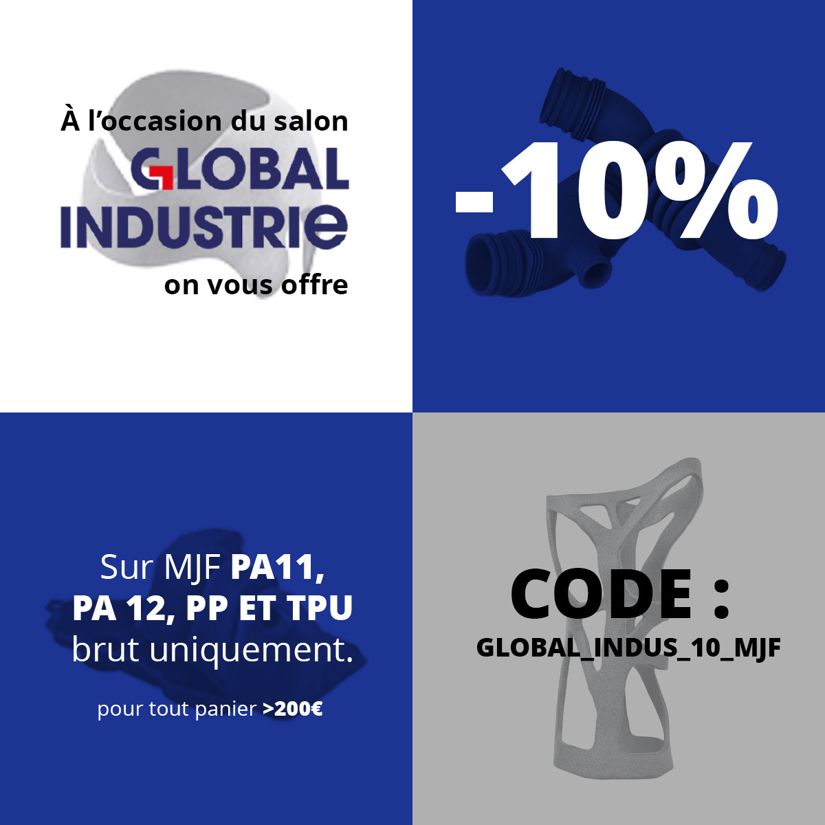 🚨 Grande nouvelle ! Ne manquez pas la remise de 10 % cette semaine sur toutes les commandes passée chez Sculpteo, pour célébrer l’événement Global Industries ! 🎉   #GlobalIndustries #3DPrinting #Discount #LimitedTimeOffer