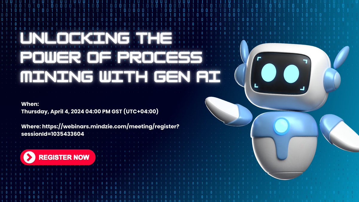 👉Don't forget to register and join us for this exciting webinar on how #GenAI is transforming the world of #processmining. Register today at: webinars.mindzie.com/meeting/regist… 

#businessprocessmanagement #processintelligence #operationalintelligence