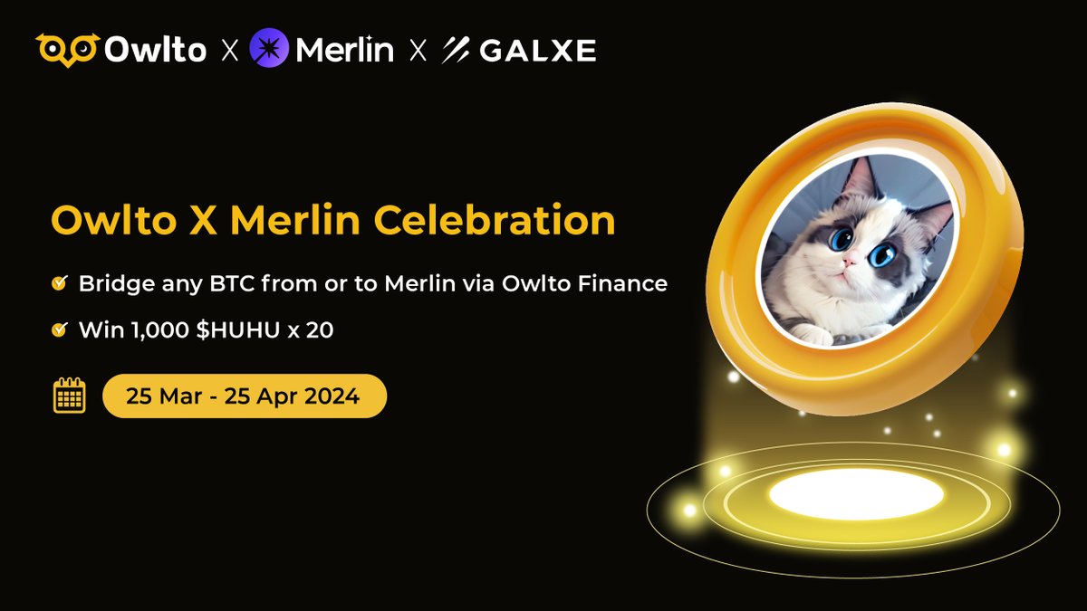 🔥Celebrating Owlto’s integration with #Merlin Chain! 🔮🧙 Brace yourself for a special gift! 🔸Bridge any $BTC from/to @MerlinLayer2 🔸Win 1,000 $HUHU X 20 Easily bridge, try now: galxe.com/OwltoFinance/c…