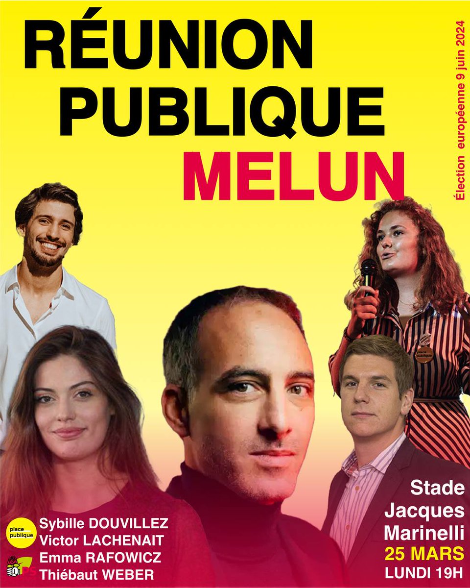 La réunion publique #electionseuropeennes2024 de <a href="/PSseineetmarne/">Parti Socialiste 77</a> et <a href="/PlacePublique77/">Place Publique Seine-et-Marne</a> avec  <a href="/GILLIERCline1/">GILLIER Céline</a> c'est lundi 25/03 à #Melun. RDV pour #RéveillerLEurope avec la liste <a href="/rglucks1/">Raphael Glucksmann</a> à 19h au stade J. Marinelli (2 r. Dorée) ! On y a parlera programme avec nos 4 candidat-e-s !