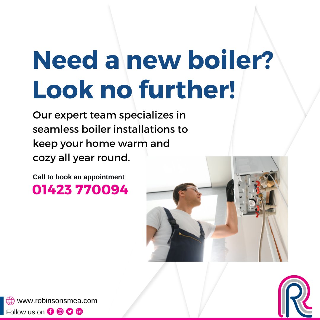 Elevate your home comfort with our specialized boiler installations.

#HomeComfort #BoilerInstallations #EfficientHeating 
.
Call us to book an appointment - 01423 770094
Visit now - robinsonsmea.com