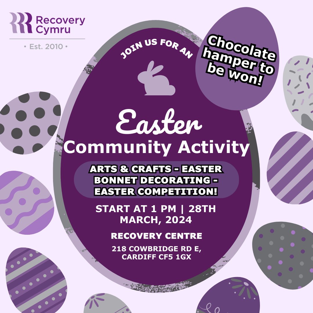 RecoveryCymru's tweet image. Join us for an egg-citing Easter Community Activity at Recovery Cymru. Enjoy arts and crafts - and don&apos;t forget to bring your creativity for our Bonnet Decorating contest! The best bonnet wins an Easter chocolate hamper! #EasterFun #CommunityActivity #RecoveryCymru