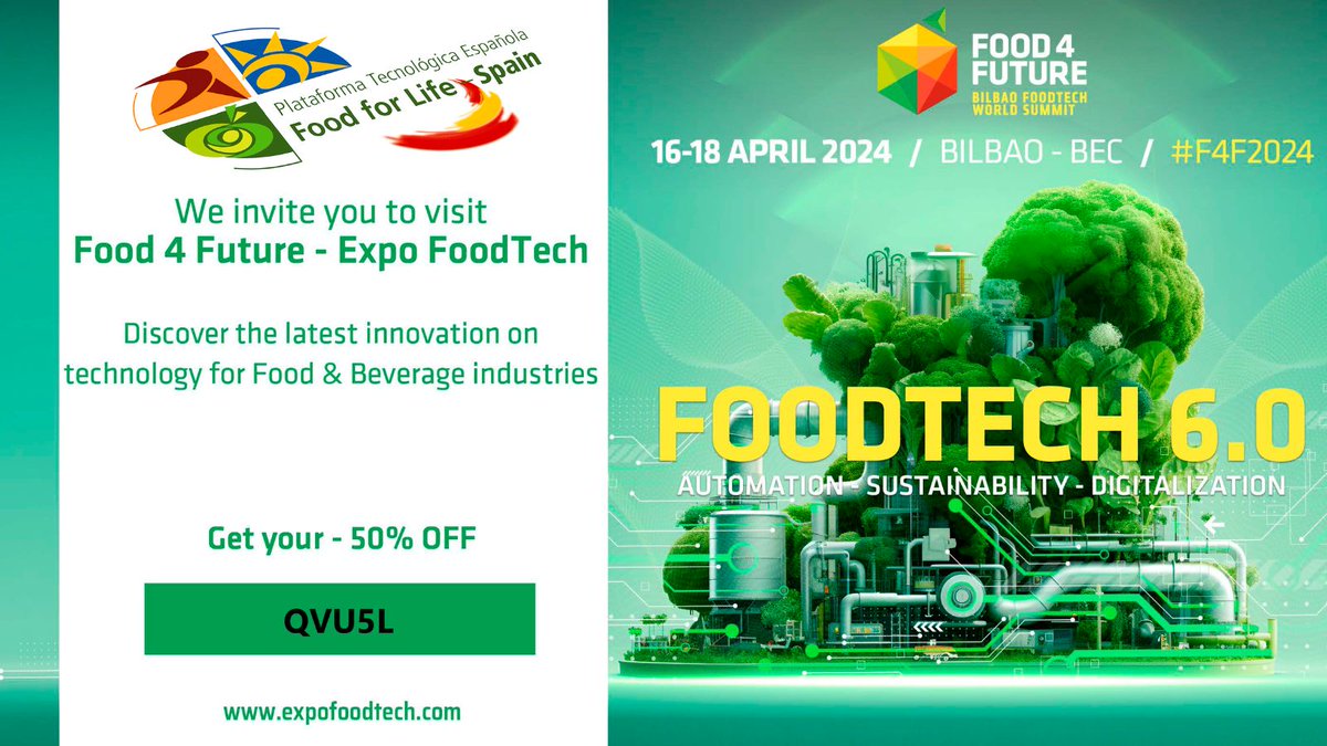 🗓️ Del 16 al 18 de abril, descubre toda la innovación en Tecnología, Packaging y Logística para transformar la industria alimentaria, en #FOOD4FUTURE (@expofoodtech), en #Bilbao 📌 🎟️ ¡Consigue tu 50% de descuento usando nuestro código! 👇🏻 💻 expofoodtech.com/visit/tickets-… #F4F2024