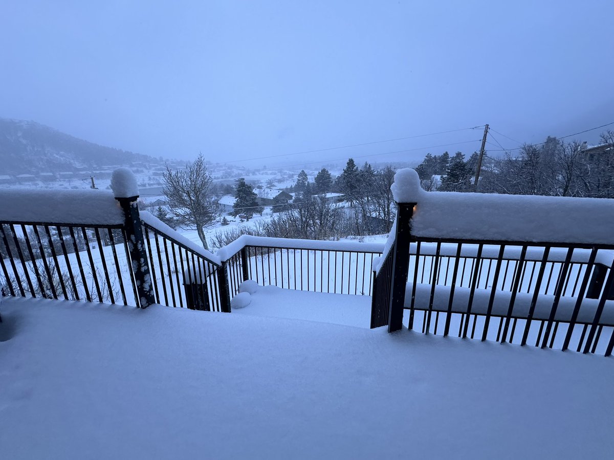 The usual #PalmerLake #snow pics. The star came on, probably due to a brief power outage last night. (That’s our driveway, not a ski slope.) Still snowing at 7am, 12F. #cowx @LukeVictorWx @BrianBledsoe @BianchiWeather @ashley_green2