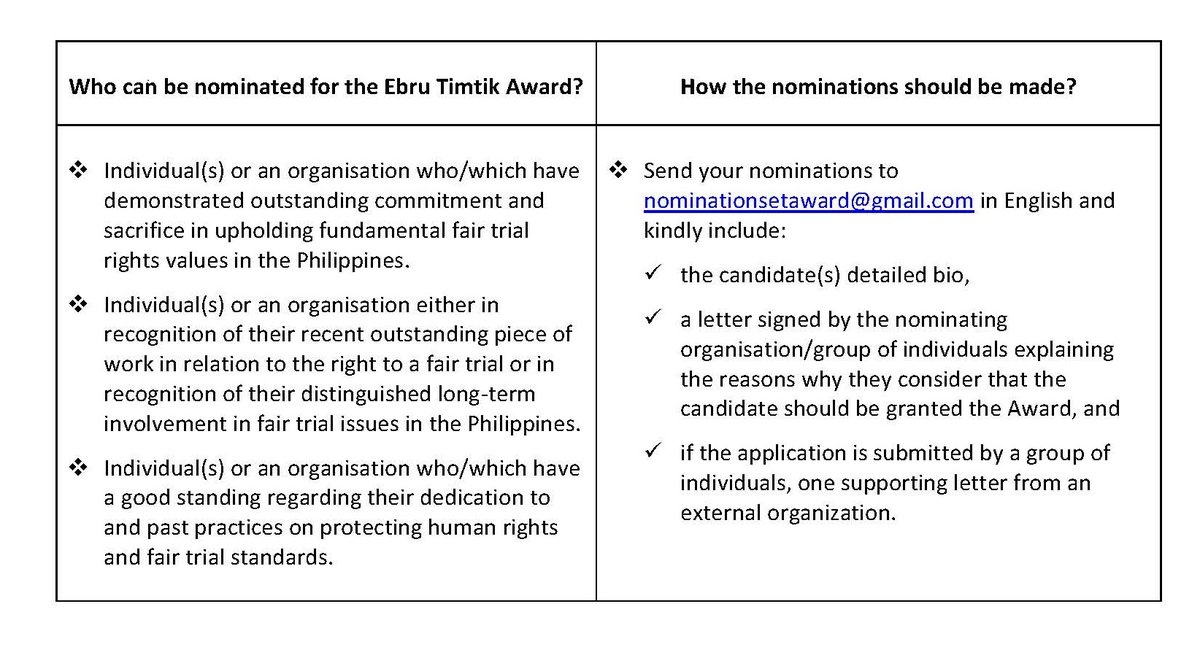 📆The 14 June IFTD Manila Conference is fast-approaching. We invite Philippines' human rights, legal, and academic communities to nominate for the Ebru Timtik Award! Deadline: 1 May Details in the IFTD Steering Group statement & table of information⬇️ iftd.org/wp-content/upl…