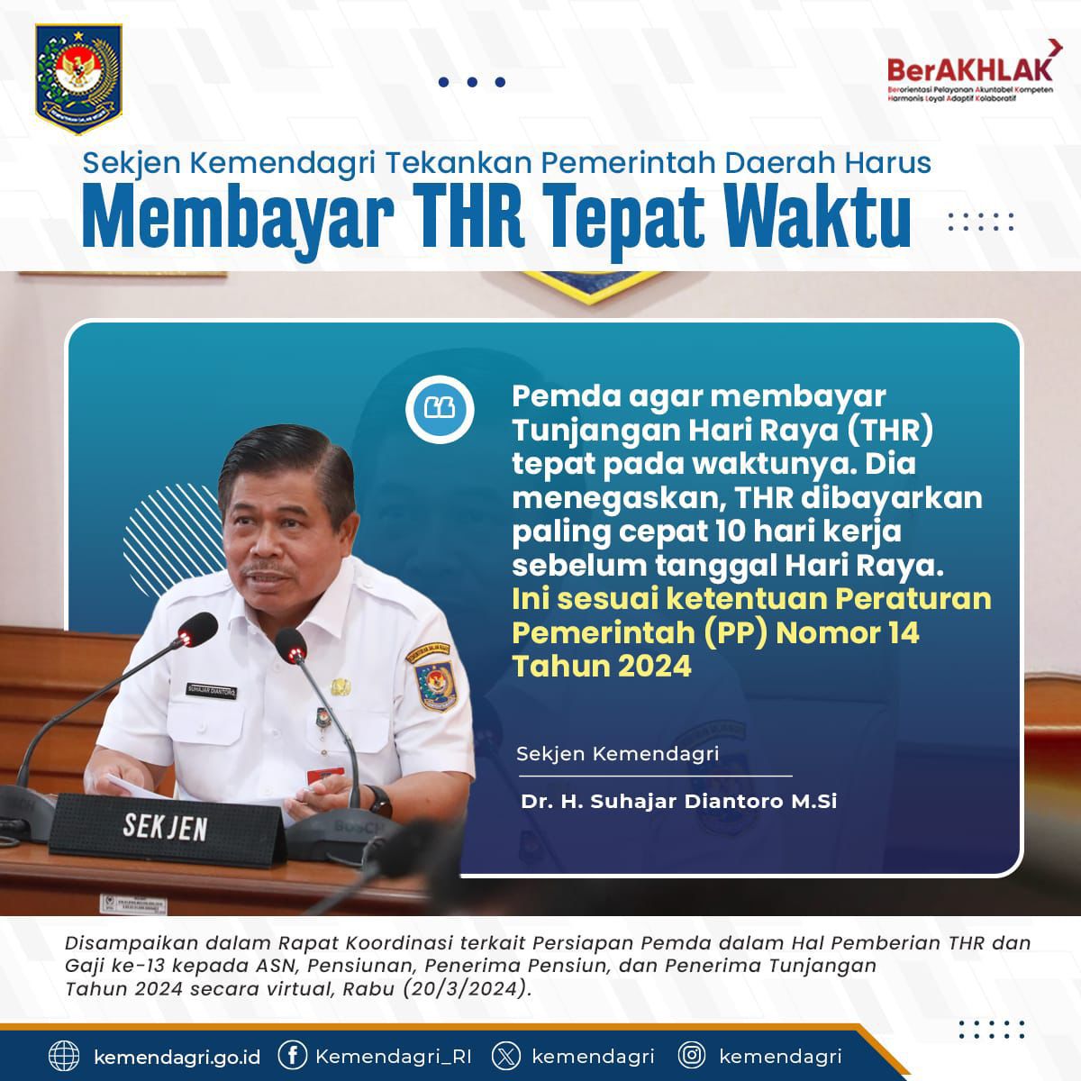 Kemendagri kembali mengingatkan pemerintah daerah untuk membayar Tunjangan Hari Raya (THR) dan Gaji ke-13 tepat waktu Yuk simak postingan berikut ya!! #kemendagri #infokemendagri