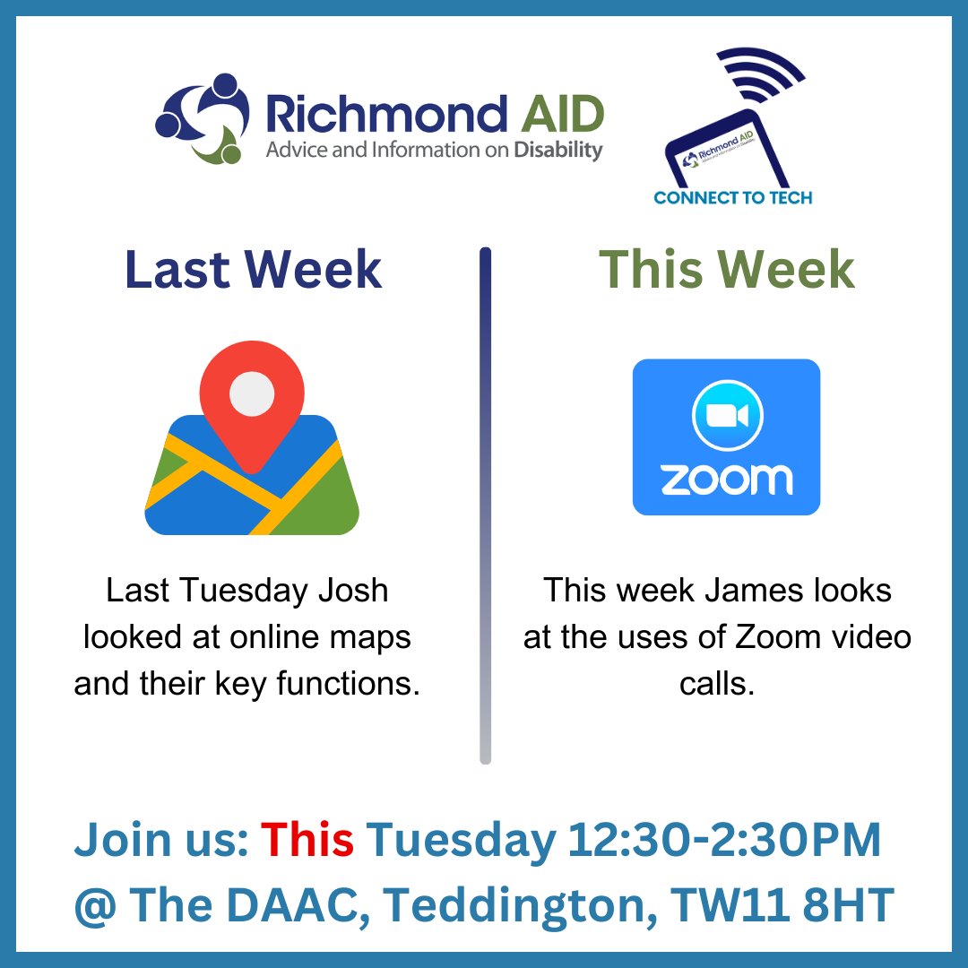 RichmondAID's tweet photo. Join us for tomorrows Tuesday Connect to Tech session looking at Zoom video calls, 2.30-14.30, The DAAC, Teddington, TW11 8HT.
Find out more by emailing Josh & James: connecttotech@richmondaid.org.uk
Everyone welcome - see you there!
#richmondaid #connecttotech #techtraining https://t.co/CUn2XZtdQc