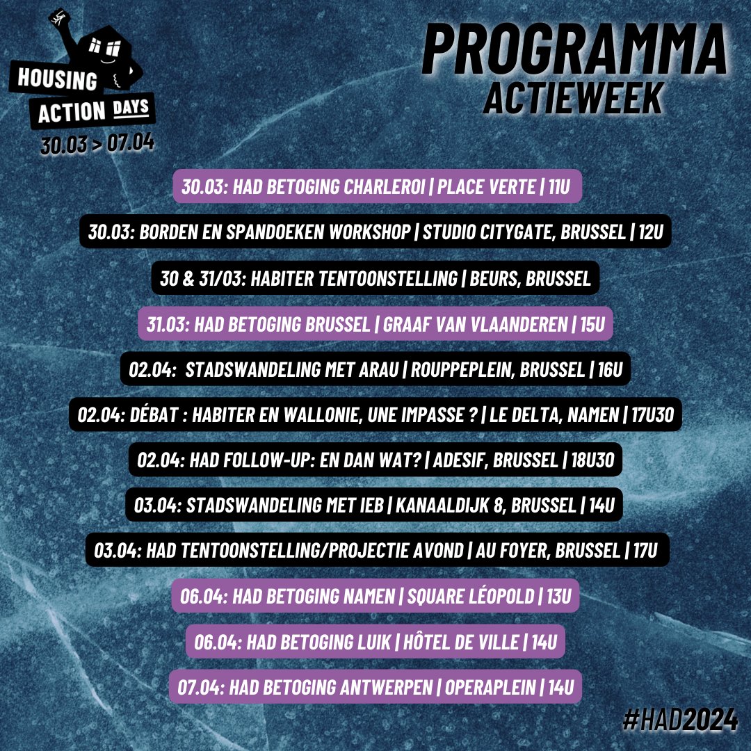 Découvrez le programme de la semaine d'action des #HousingActionDays entre le 30/03 et le 07/04 ! ✊ Rdv ce dimanche 31/03 à 15h devant la station de métro Comte de Flandre pour manifester ensemble pour le #droitaulogement à #bxl. Plus d'infos sur 👉 housing-action-day.be/fr