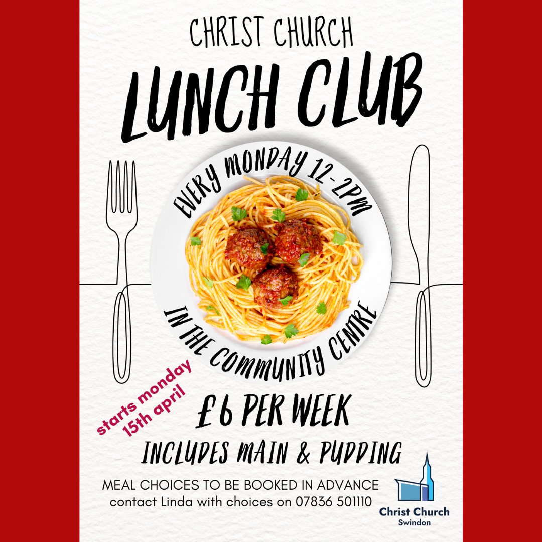 JUST 3 WEEKS UNTIL LAUNCH DAY!  STILL TIME TO SIGN UP!

New Christ Church Lunch Club Launches This April!

Find out more here: ccccswindon.co.uk/page/posts/371 

Please share with anyone who may be interested!

#christchurchswindon #lunchclub #community