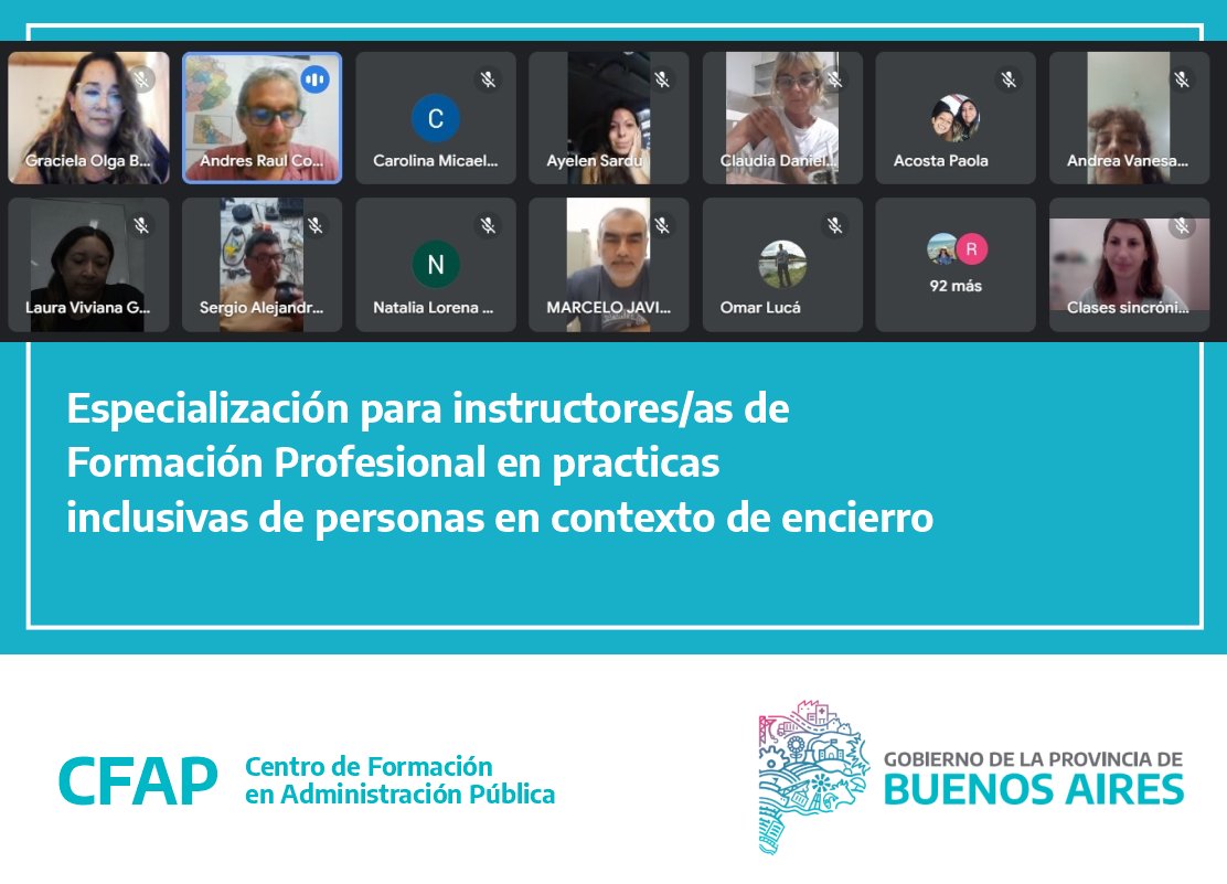 cfap_laplata's tweet photo. Se llevó a cabo el primer encuentro sincrónico de la Especialización en prácticas inclusivas de personas en Contexto Encierro. Contó con la presencia de Andrés Contreras, director de Formación Profesional y Graciela Barranco, directora del CFAP; a cargo de la apertura. https://t.co/czkYeqUGAb