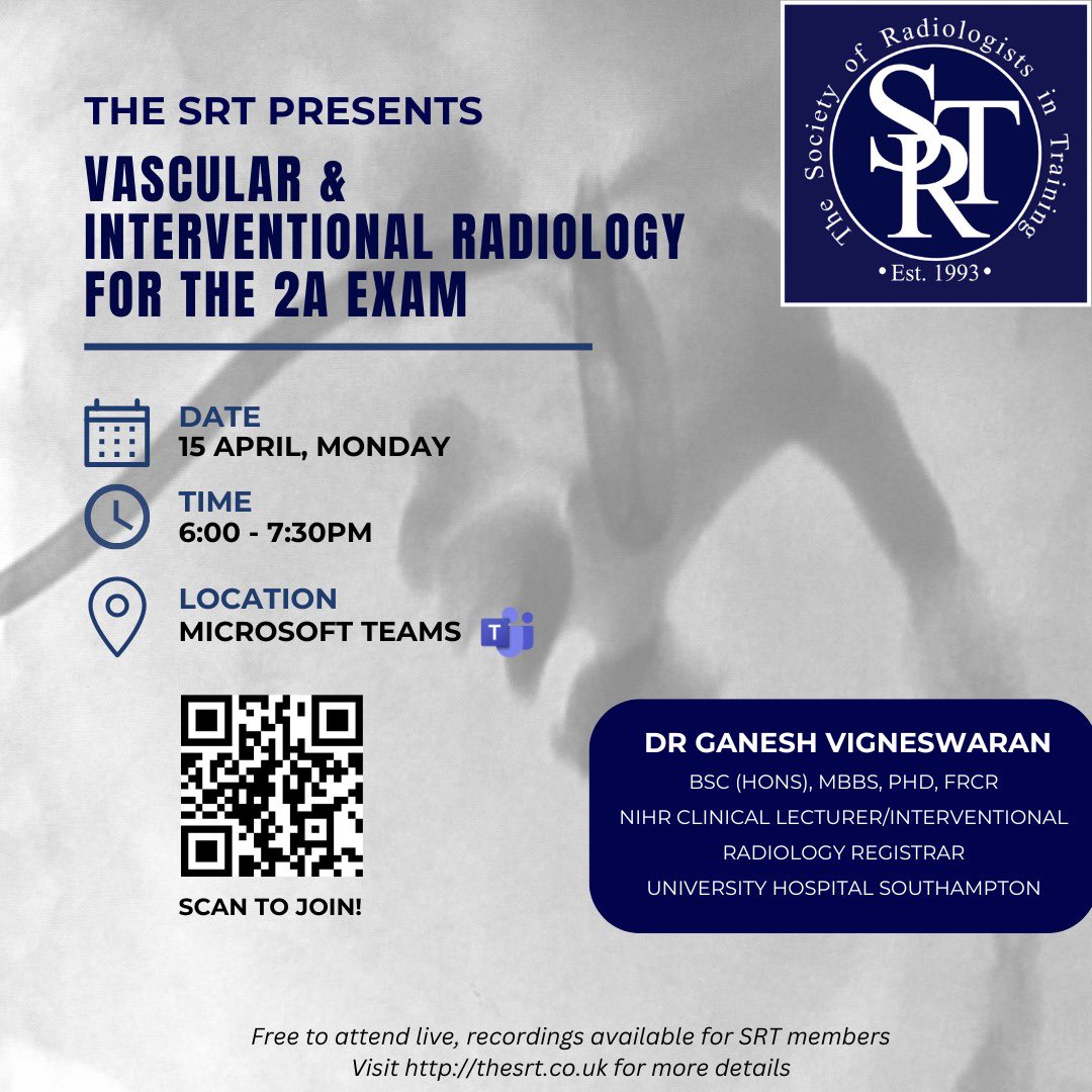 Registration is open for our next webinar ‘Vascular and Interventional Radiology for the 2A exam’, free for all to attend live! Delivered by Dr Ganesh Vigneswaran, NIHR clinical lecturer and IR registrar at University Hospital Southampton 🔗: tinyurl.com/IR2ASRT