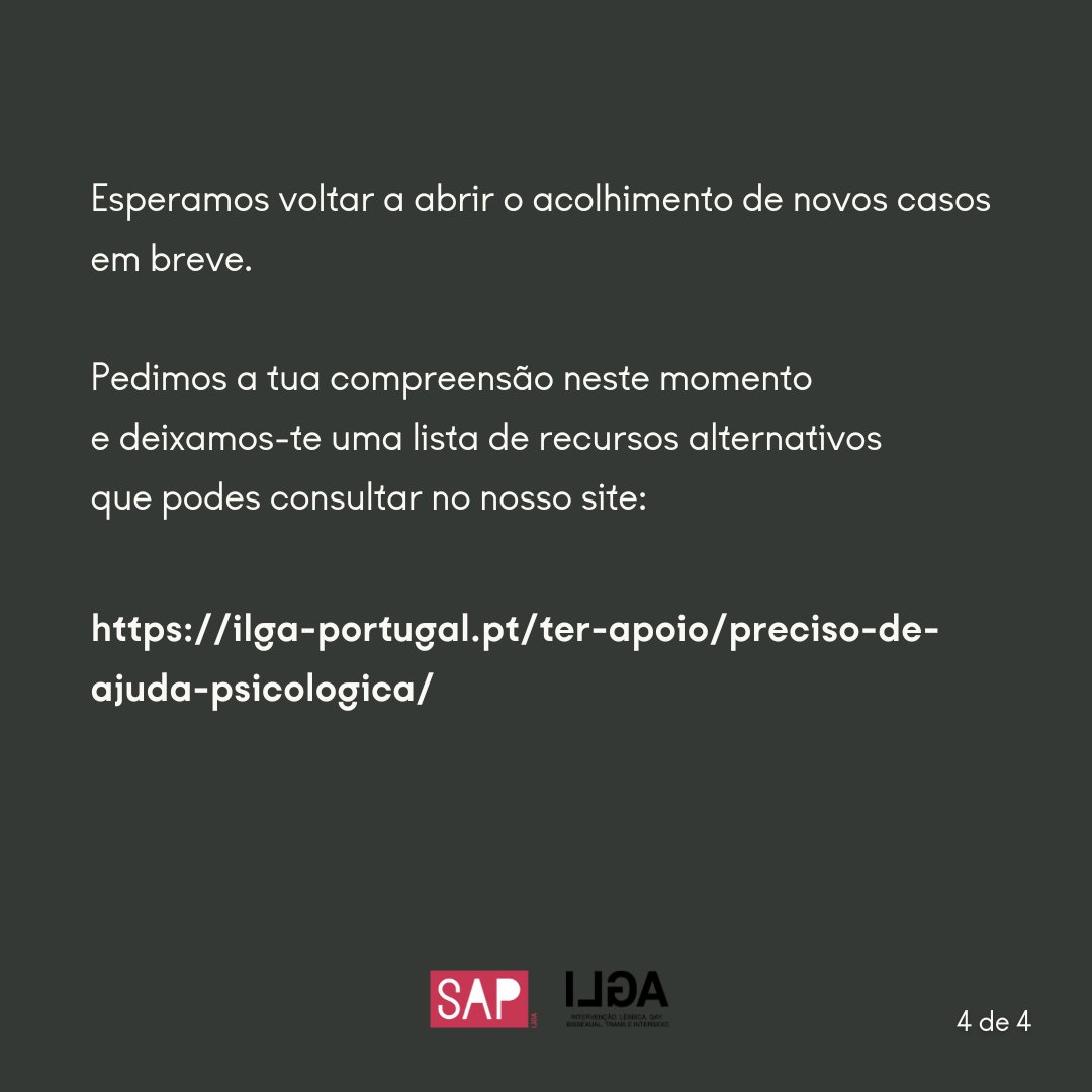 📣 Lamentamos informar que o Serviço de Apoio Psicológico da ILGA Portugal vai suspender temporariamente o acolhimento de novos casos por motivo de falta de financiamento estrutural específico, o que não permite a contratação de mais recursos humanos. 📣