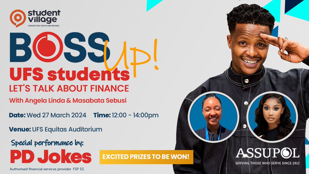 UFS get ready as we are coming to campus! On the 27th of March between 12pm & 2pm, Assupol financial literacy chats will be taking place at the Equitas. Want to win awesome prizes? Make sure to come through. #BossUpWithAssupol #BossUp24 #BossUpUFS