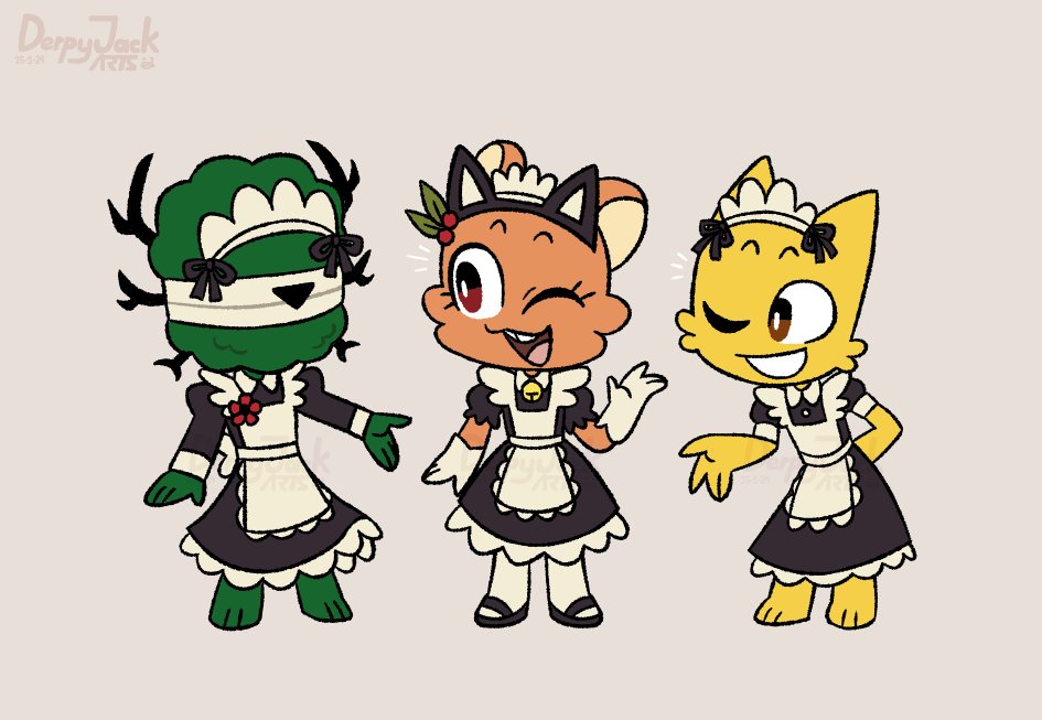 I realized I hadn't drawn Leshy in the maid outfit yet so I drew it along with the Yellow Cat and my Semi-COTL OC Cherri! #CultoftheLamb #COTL