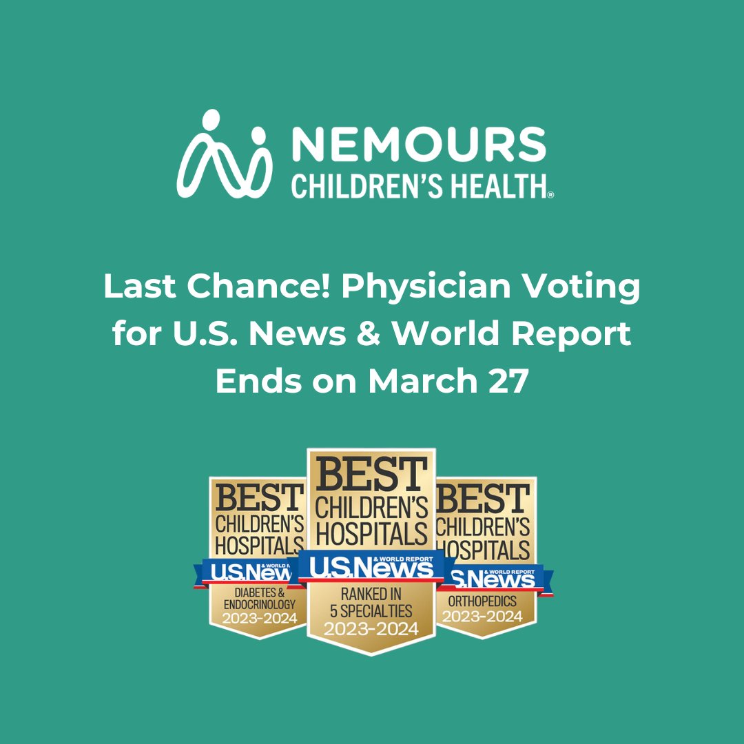 VOTE NOW! Physician voting is about to close for the 2024 @usnews #BestChildrensHospital rankings. There are only 48 hours left! Visit Doximity.com to vote now! #USNWR #Physicians #Voting