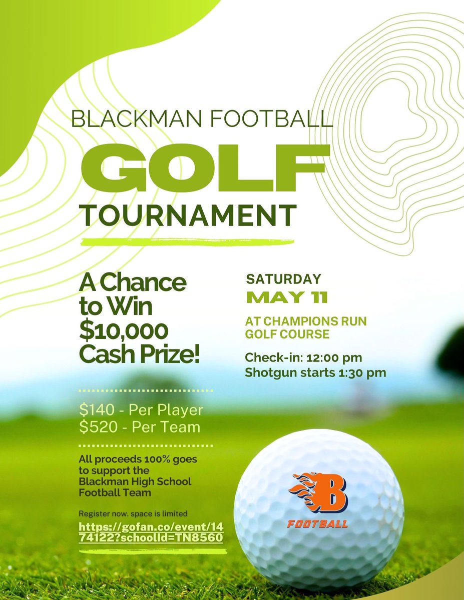 SATURDAY, MAY 11th is the date of our 2nd annual BHS Football Golf Scramble at Champions Run Golf Course. Check-in from 12-1. Shotgun start at 1:30. Team -$520 Individual-$140 Link- gofan.co/event/1474122?… Address- 14262 Mt Pleasant Rd Rockvale, TN 37153 United States