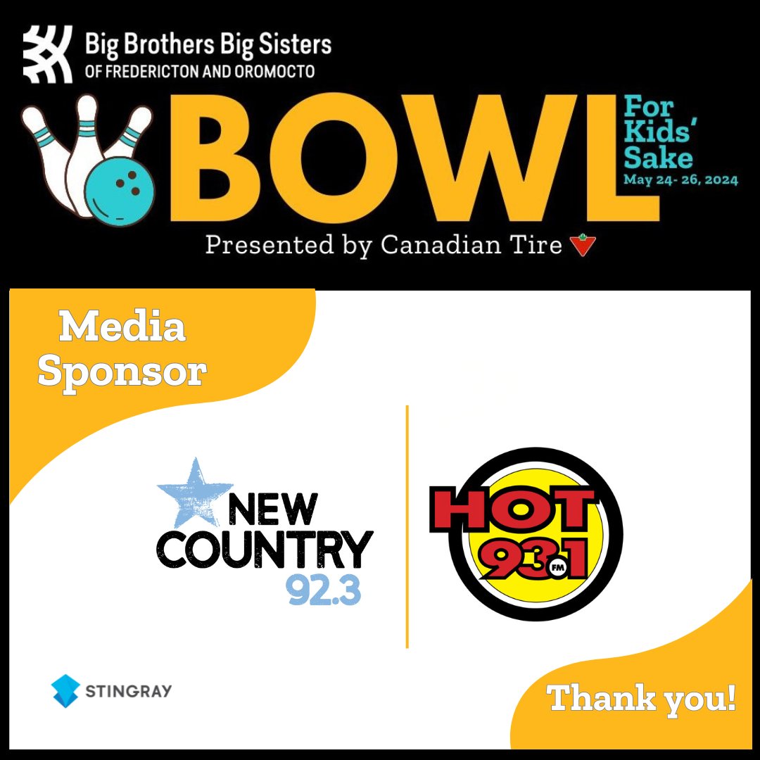 A BIG thank you to Stingray's Hot 93.1 and @NewCountry923 for stepping aboard as Media Sponsor of our 2024 Bowl for Kids' Sake fundraiser. Your support helps us support young people in the Fredericton and Oromocto communities through mentorship.✨